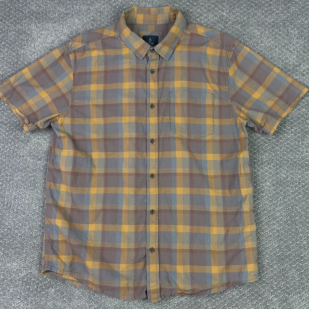 Prana Short Sleeve Bryner Shirt Men's Large Fits Medium Brown Oragnaic Cotton